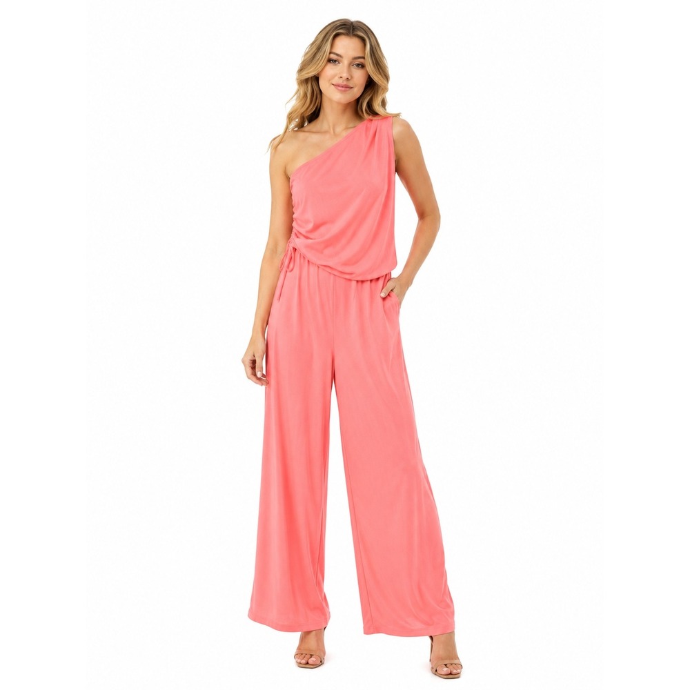 Love by Design One Shoulder Wide Leg Jumpsuit Coral Pink NWT Small